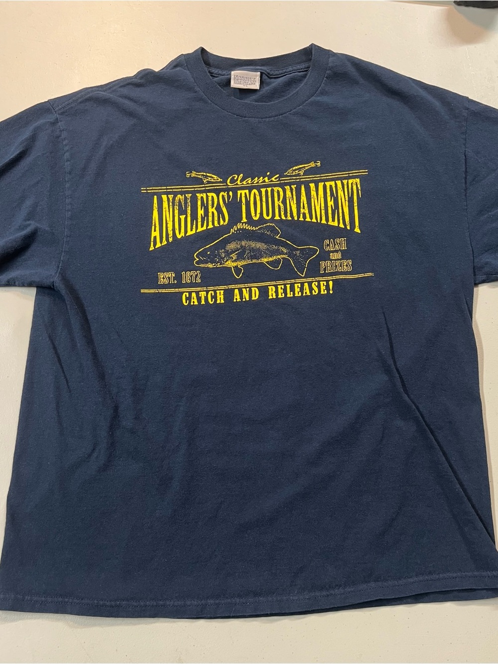 National Heritage Anglers Tournament Fishing T-Shirt Men’s XL Navy Blue Fish Tee
